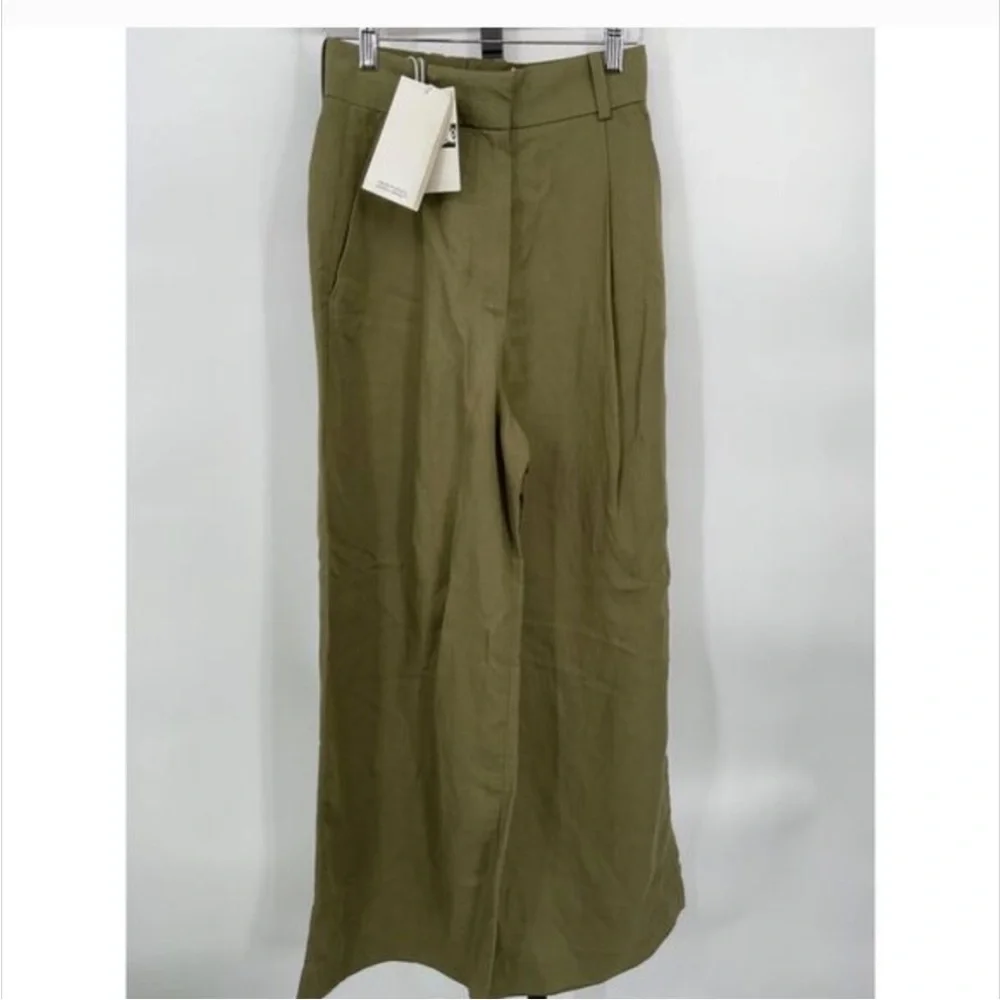 COS RELAXED LINEN-BLEND WIDE-LEG PANTS DARK KHAKI GREEN 2 Small